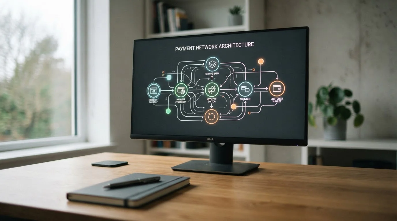 Abstract payment network diagram on a neutral office screen, no brand logos visible