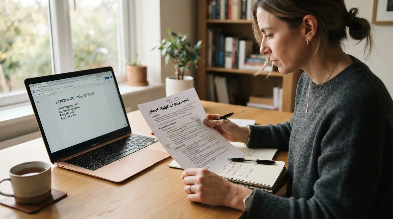 Person reviewing bonus terms on a laptop with a notepad and pen beside it