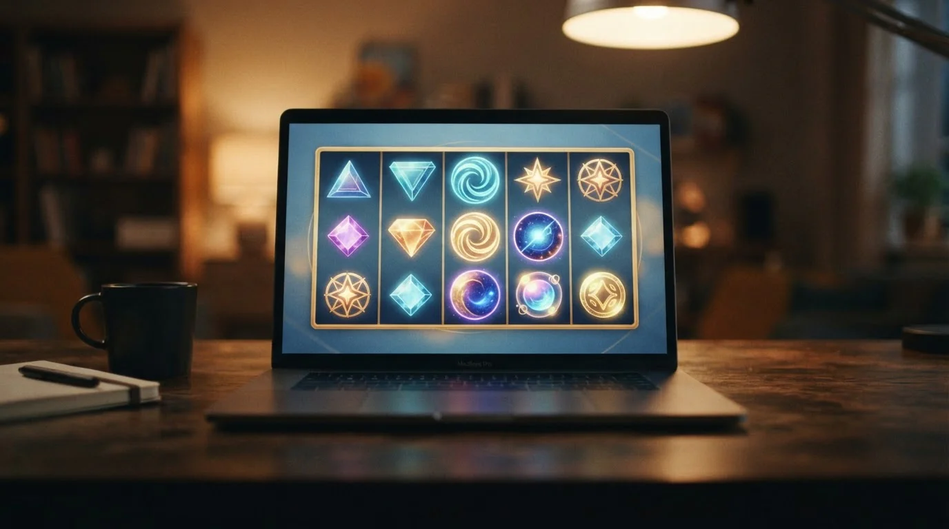 Neutral pokies reels on a screen displaying generic symbols, soft studio lighting