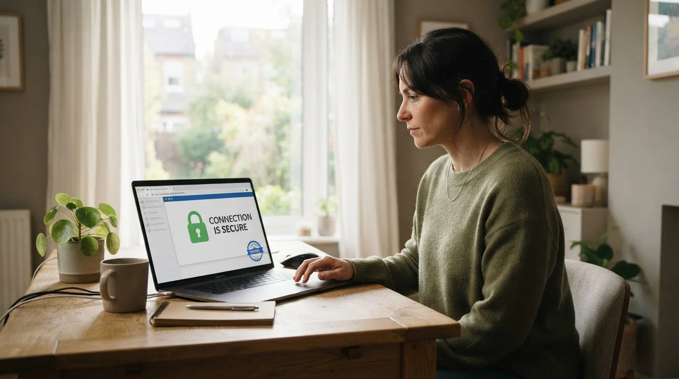 Calm office scene with a person checking an SSL padlock and certification seal on a screen