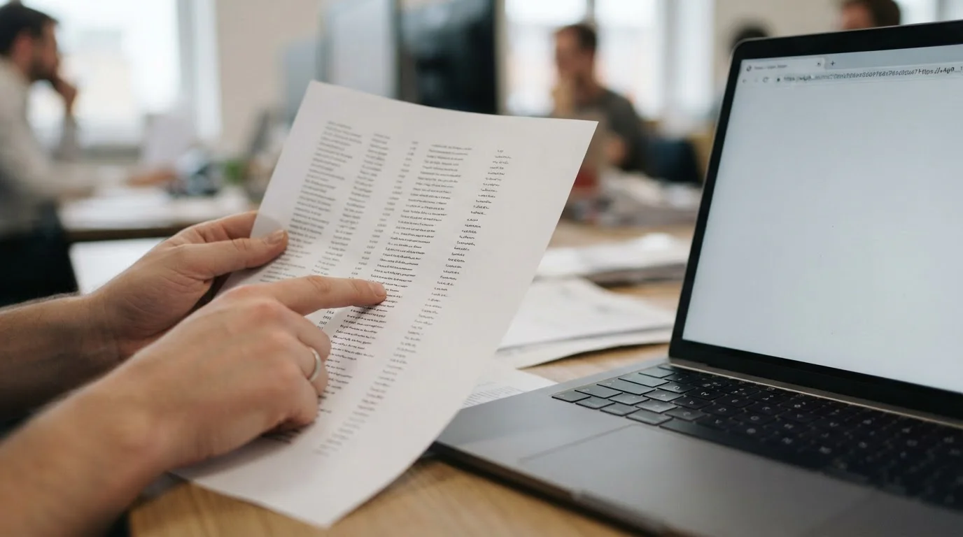 Hand checking a website address against a printed list of names