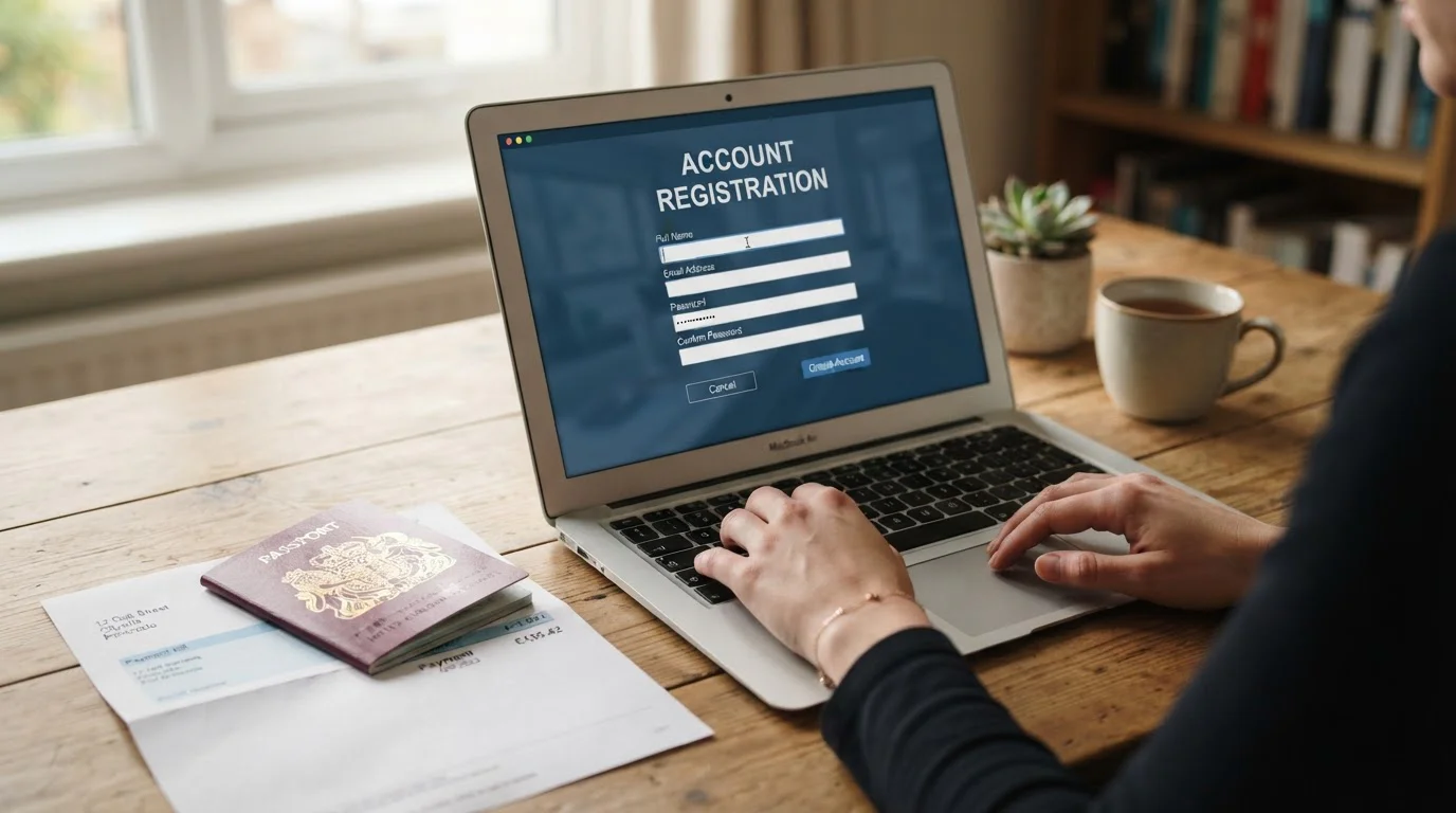 Registration documents and laptop showing casino signup form