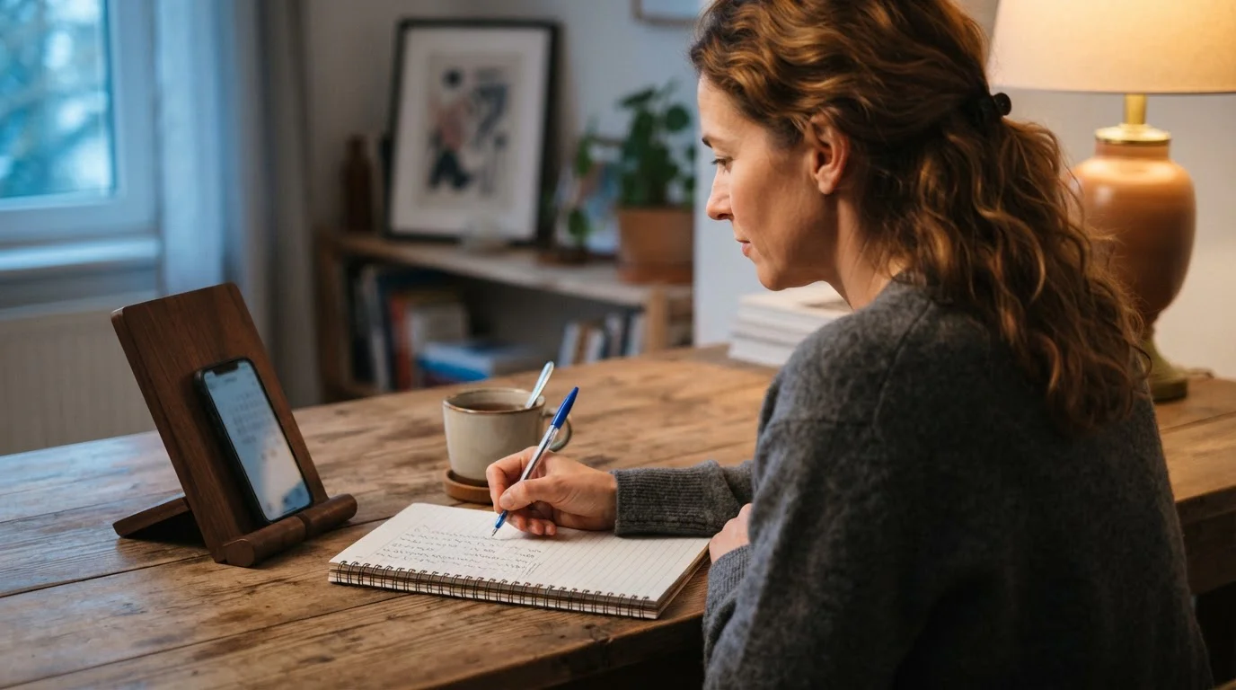 Person at a desk noting a payment reference from a phone screen