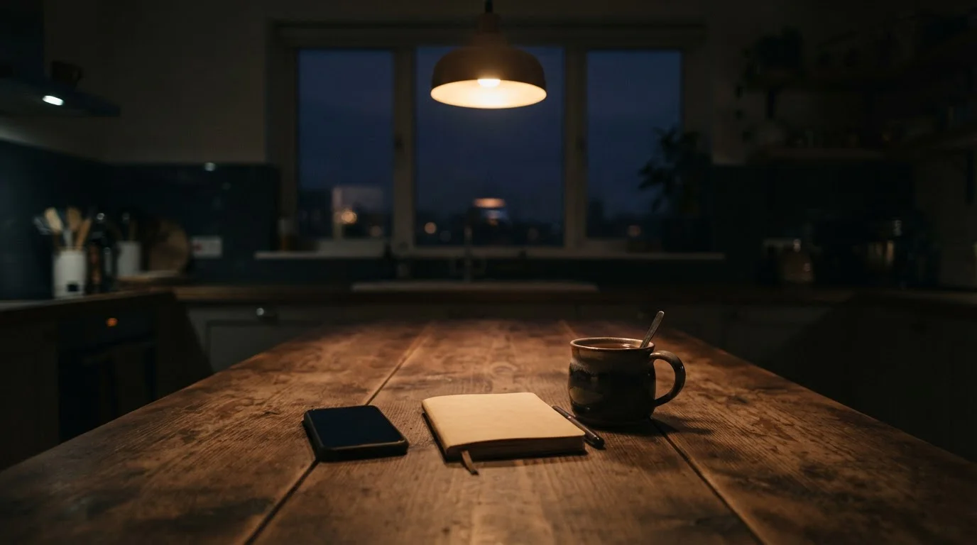 Quiet kitchen table at night with a phone face down beside a notepad