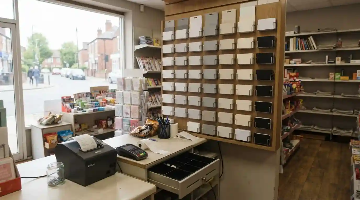 Newsagent counter with a rack of prepaid payment vouchers behind the till