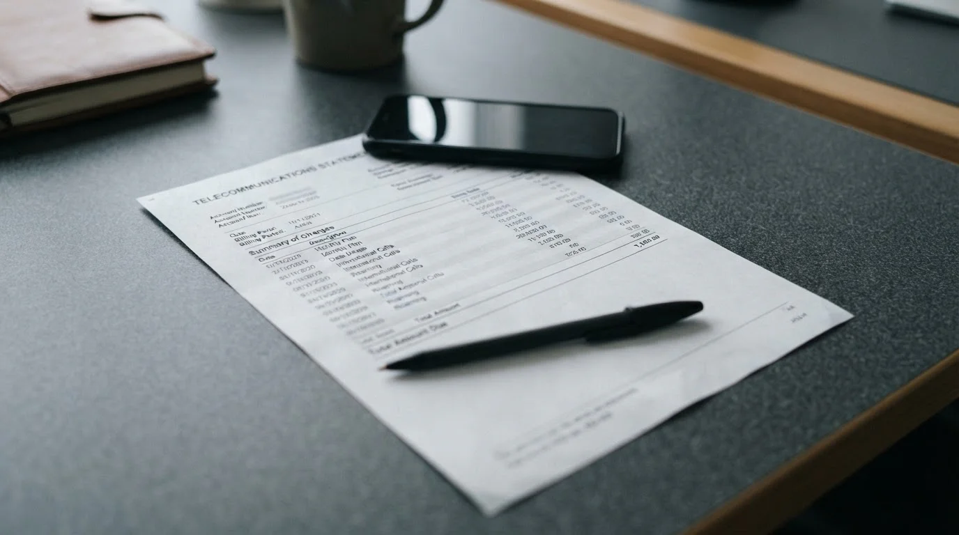 Itemised mobile phone bill on a desk beside a handset