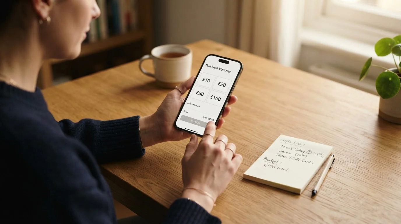 Person reviewing a voucher purchase on a phone with a notepad beside it