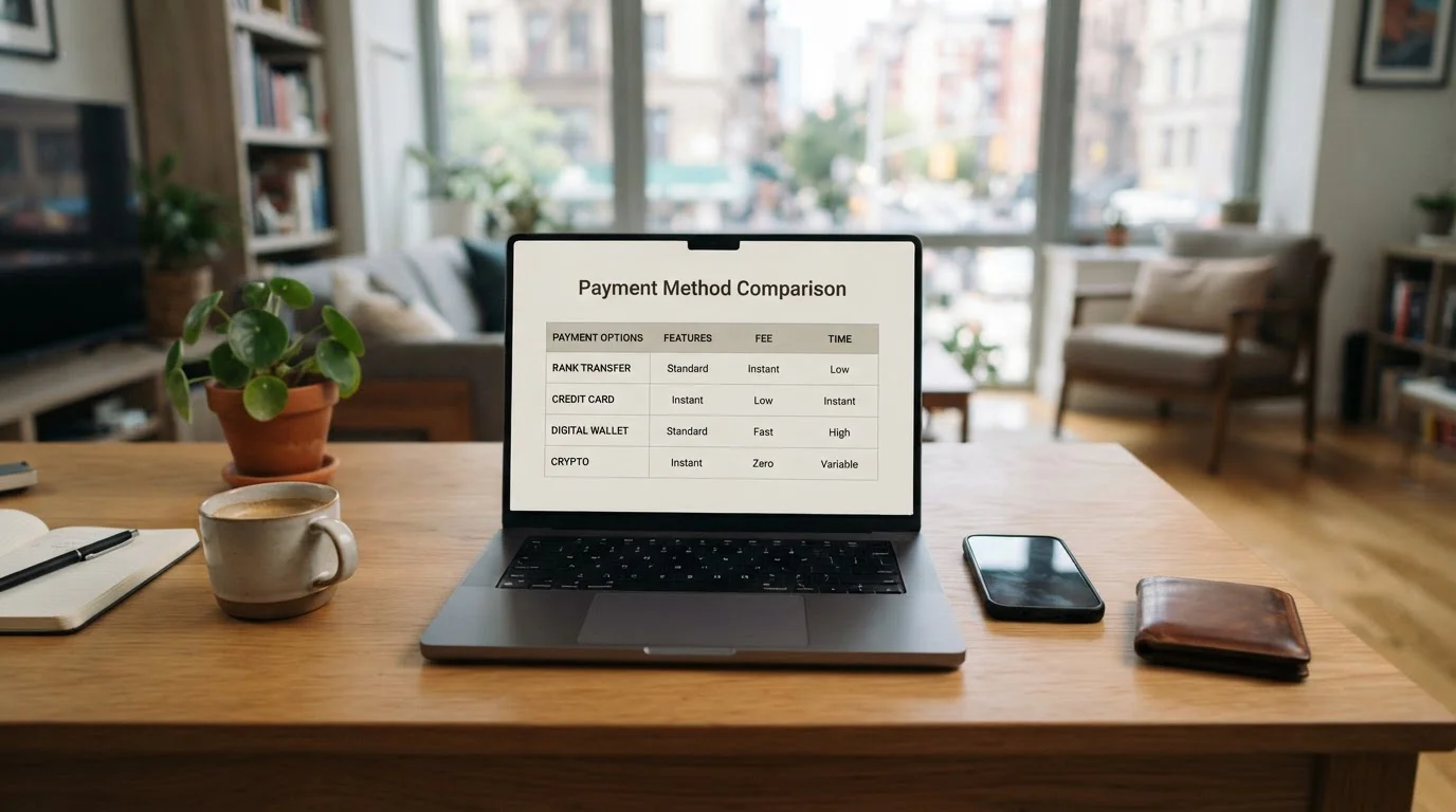 Payment options compared on a laptop screen with a wallet and phone nearby