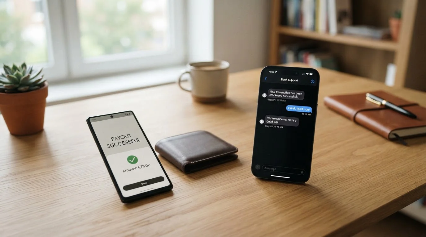 Calm desk scene with a bank card and phone showing a payout confirmation