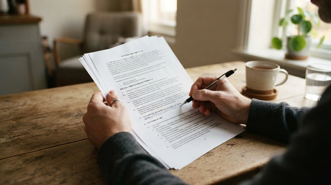 Person reading printed terms and conditions with a pen in hand