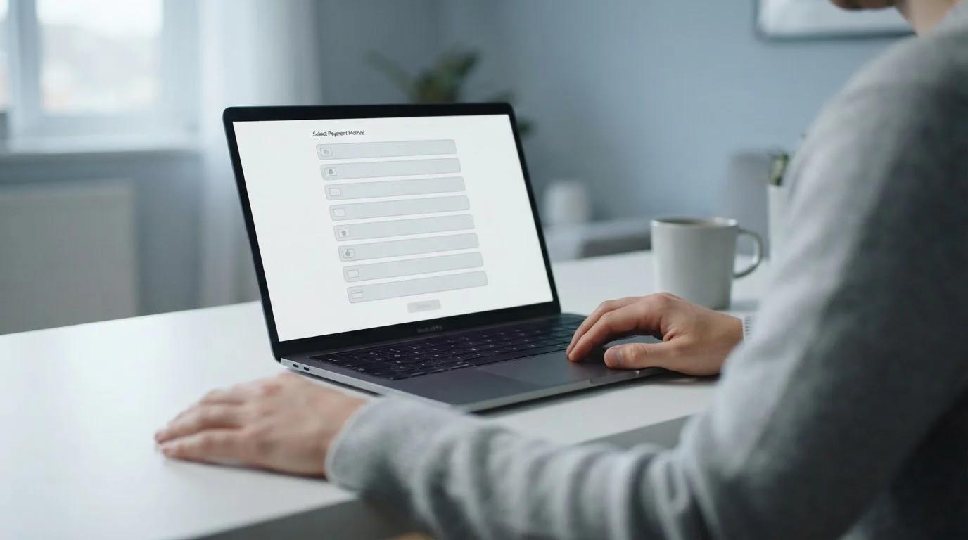 Laptop screen showing a plain list of payment method rows without branding