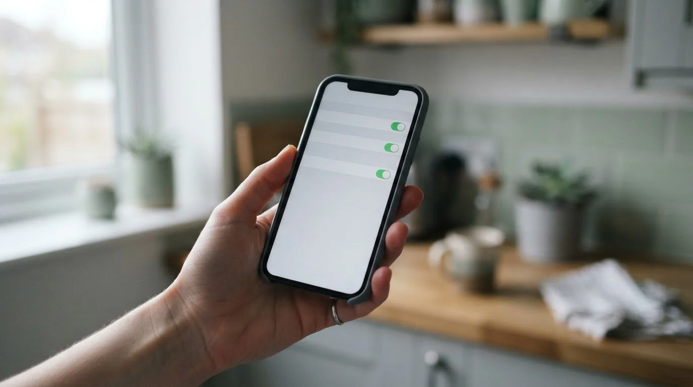 Smartphone showing a plain banking app settings screen held in one hand