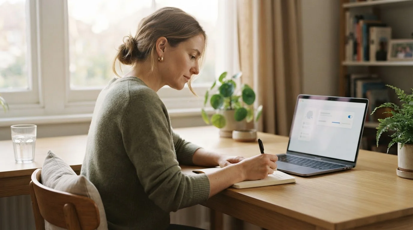 Person writing notes beside a laptop showing an account deposit limit setting
