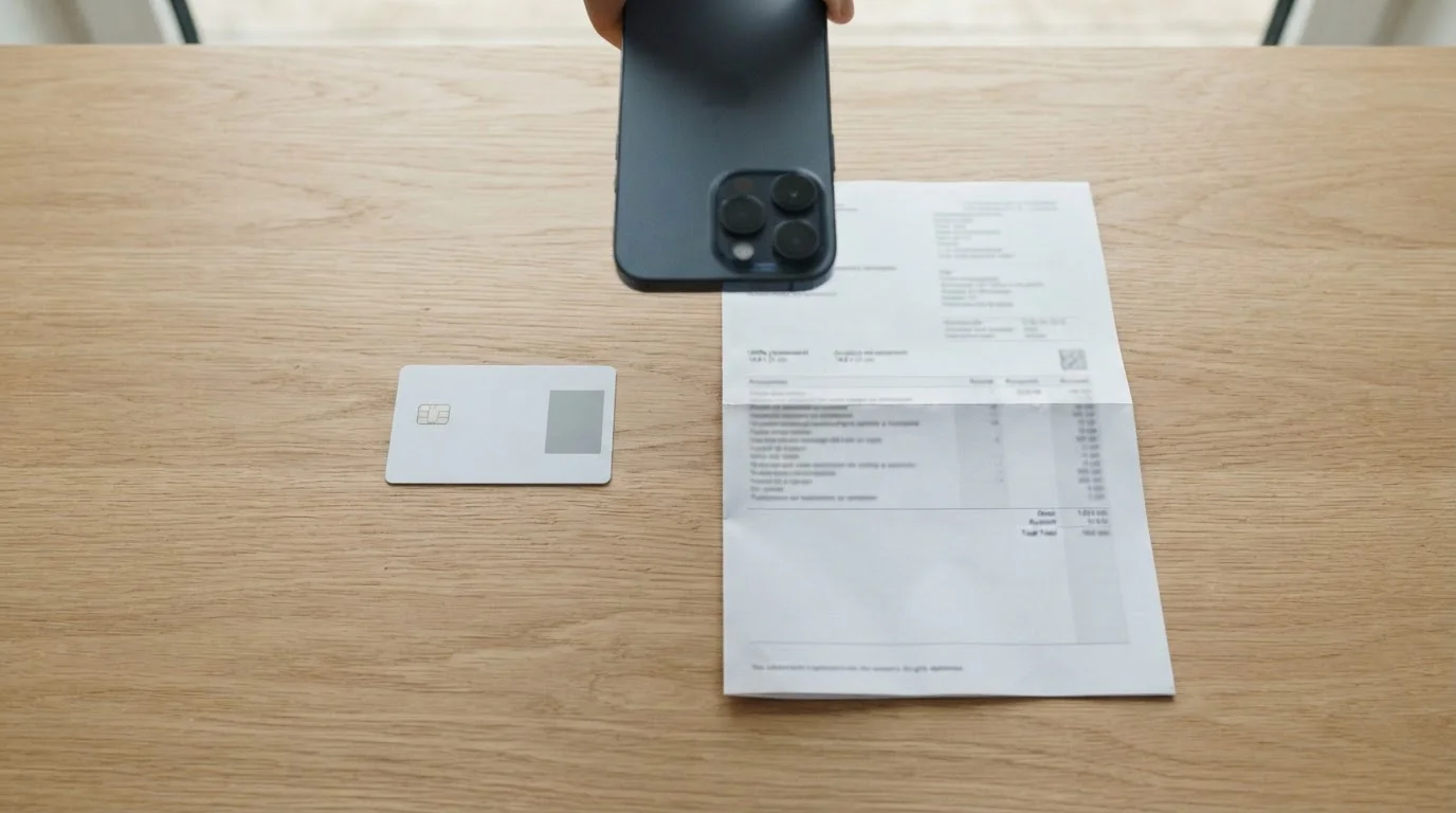 Identity document and utility bill laid flat on a desk ready to be photographed