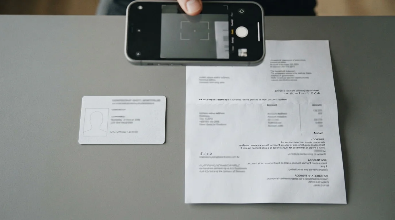 Driver licence and a utility bill laid flat on a desk beside a phone camera