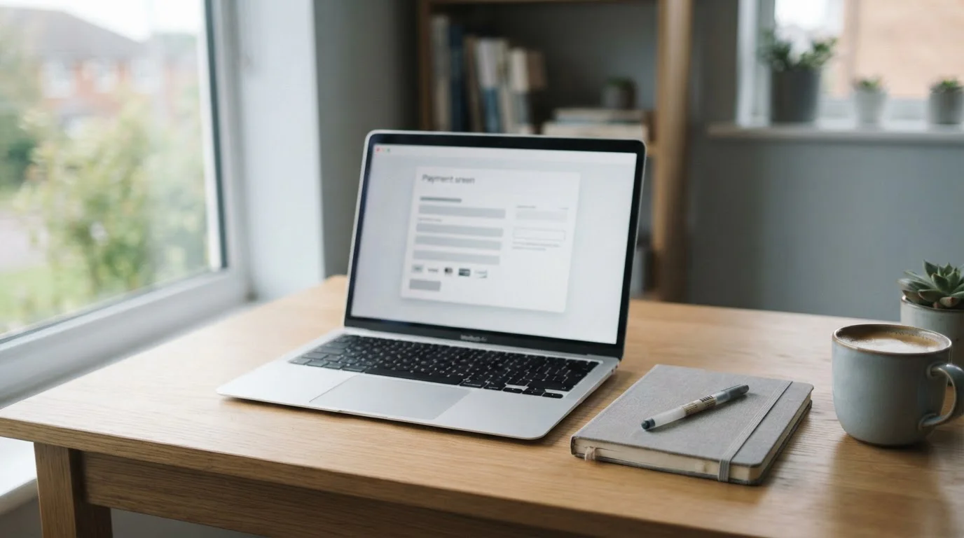Desk with a laptop open to a plain payment options screen and a notepad beside it