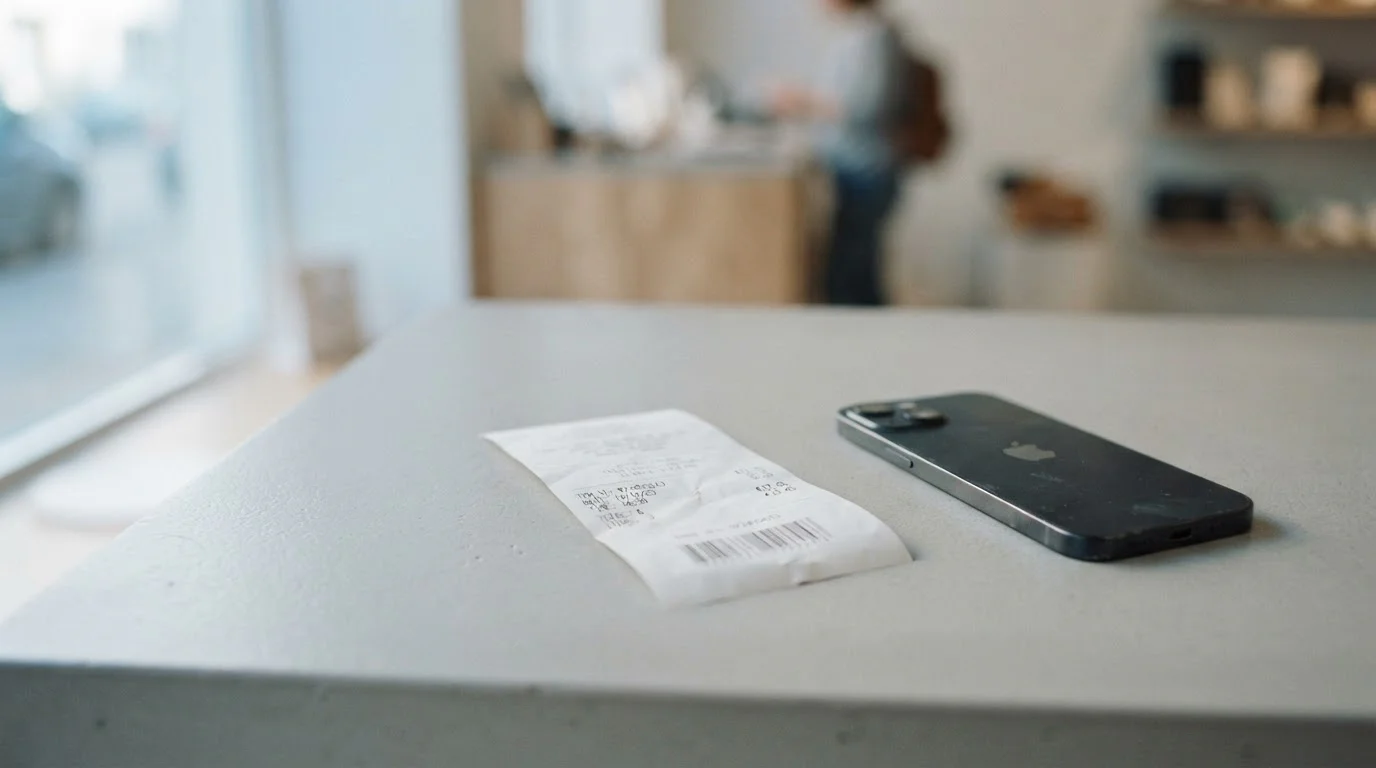 Prepaid voucher receipt with a printed code lying on a counter beside a phone