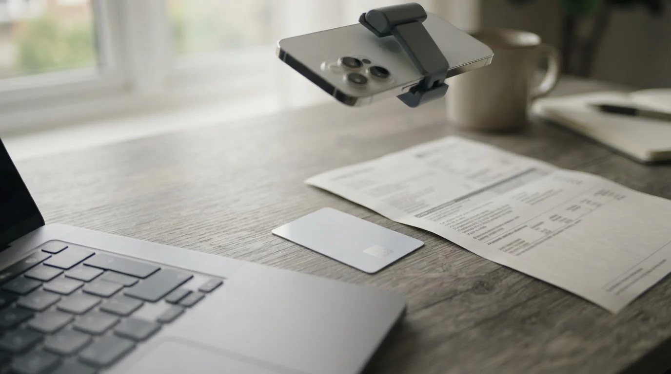 Identity document and a printed proof of address ready for upload next to a laptop keyboard