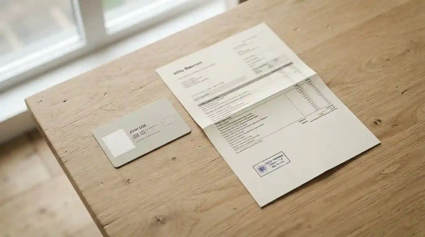Neutral identity document and a printed statement laid out on a table for verification