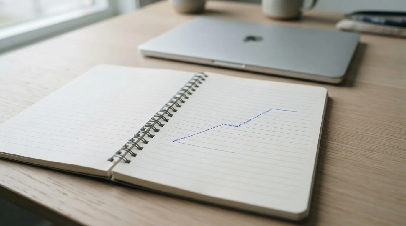 Notebook page with a simple ascending line drawn by hand next to a closed laptop