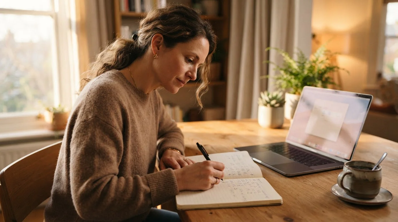 Person working through withdrawal limits with pen and paper at a home desk