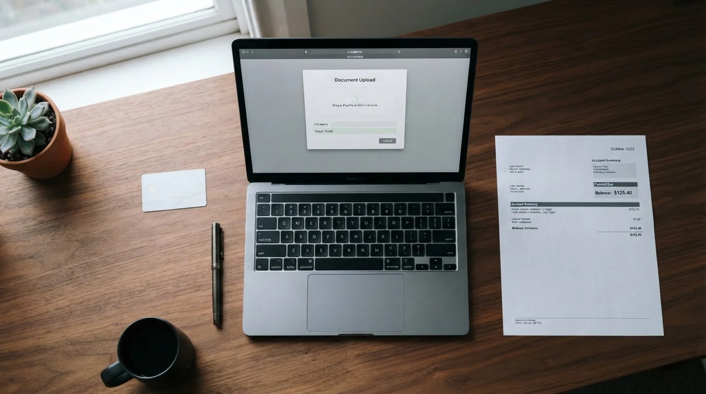 Identity documents laid out beside a laptop for account verification