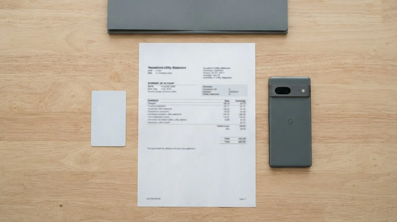 Identity document and a utility bill laid out for an account verification upload