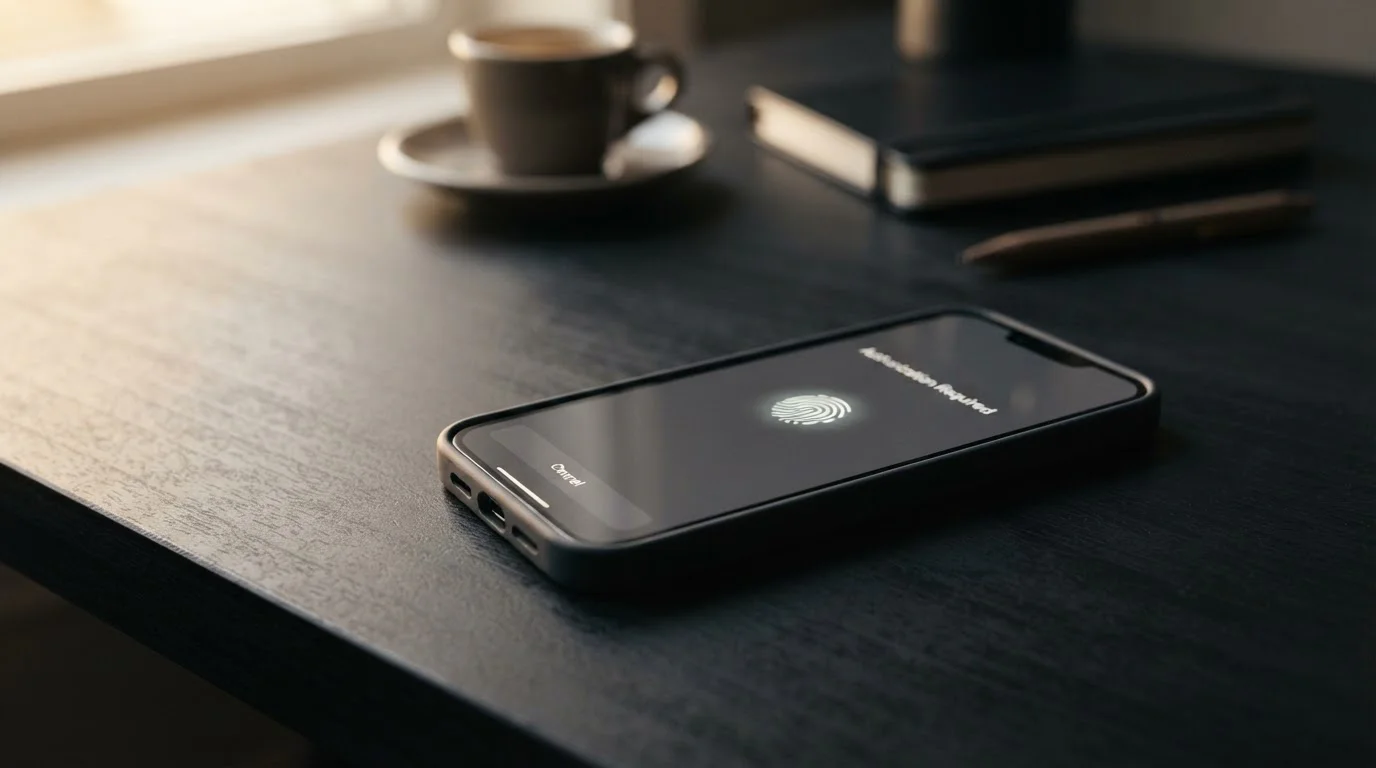 An iPhone resting on a dark desk, its screen showing a plain payment authorisation sheet with a fingerprint prompt, warm side lighting
