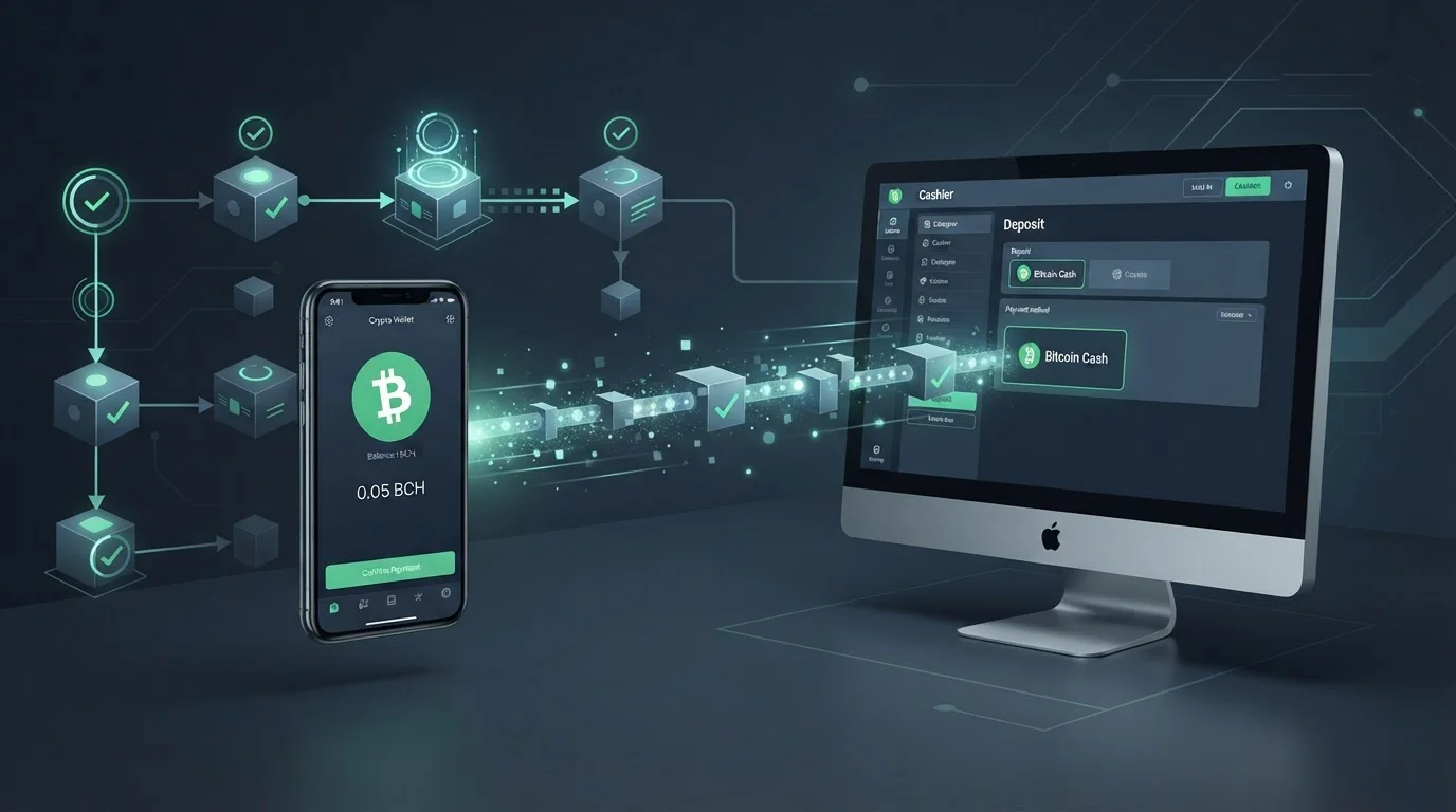 Bitcoin Cash payment flow between a crypto wallet and a casino cashier with blockchain confirmations