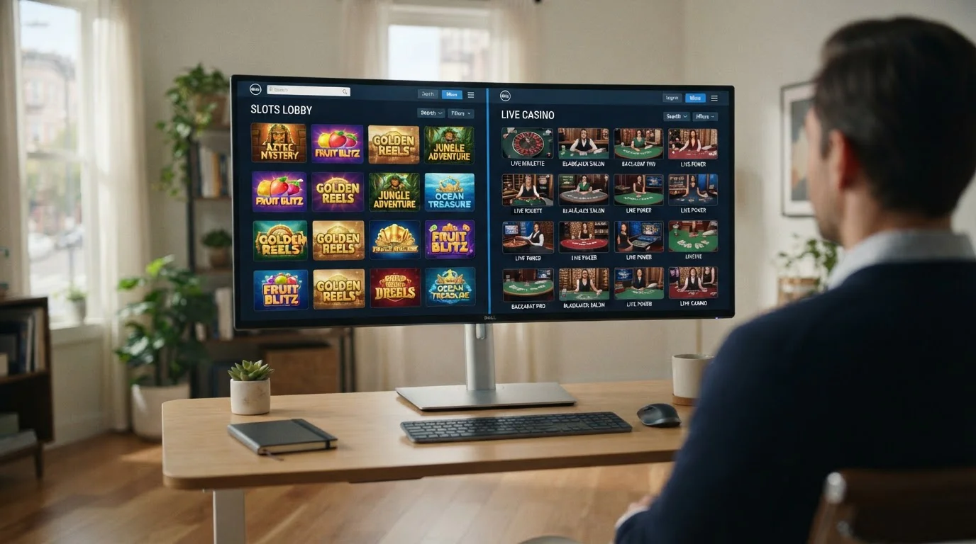 A split comparison showing an online casino lobby with filtered pokies on one side and live table thumbnails on the other