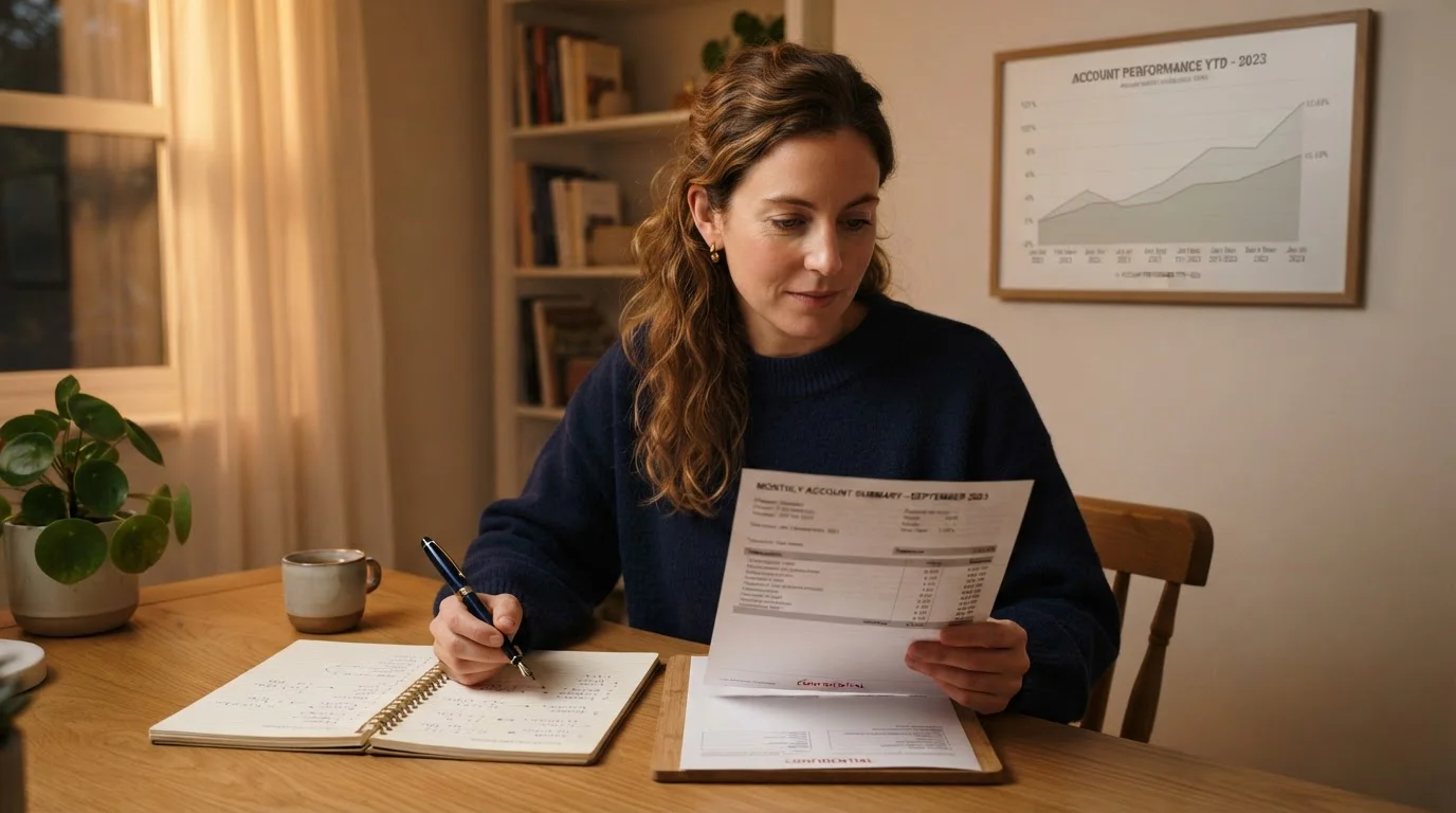 A person reviewing a monthly account statement at a desk with a notepad and a neutral chart, no currency visible