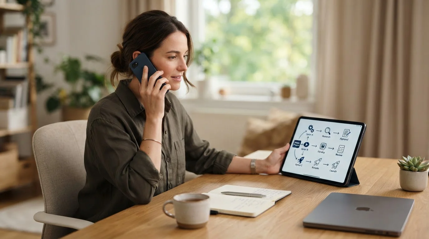 A person at a desk holding a phone to their ear beside a tablet showing a simple decision-path diagram with three starting branches