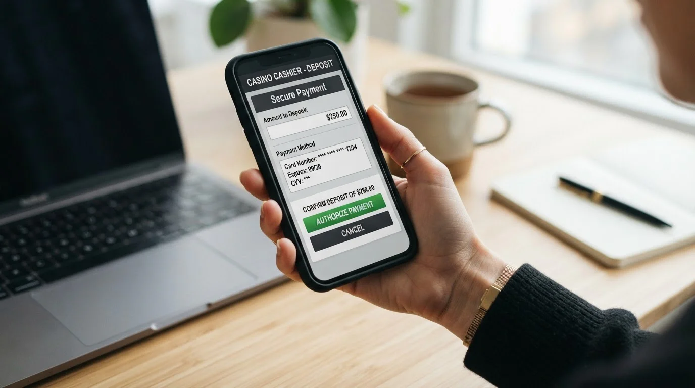 A mobile phone displaying a casino cashier screen with an amount field, card details and a security confirmation prompt