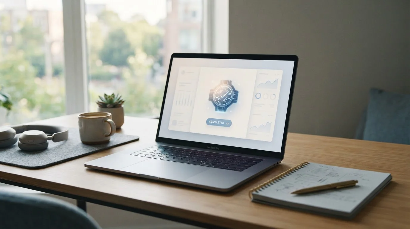 A tidy desk with a laptop open to a neutral payment interface and an abstract chip token beside a notepad