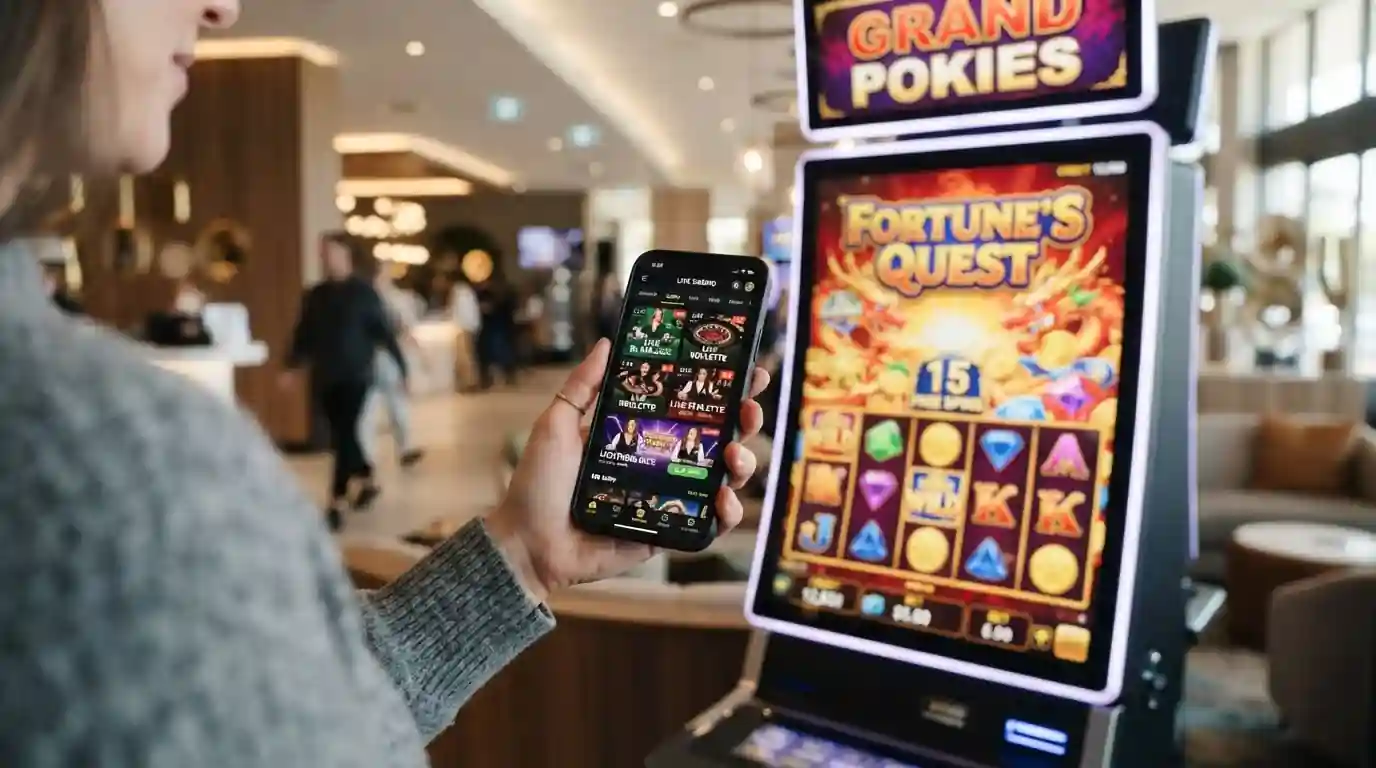 A mobile phone in hand showing a live dealer lobby beside a casino pokies screen, both in portrait layout