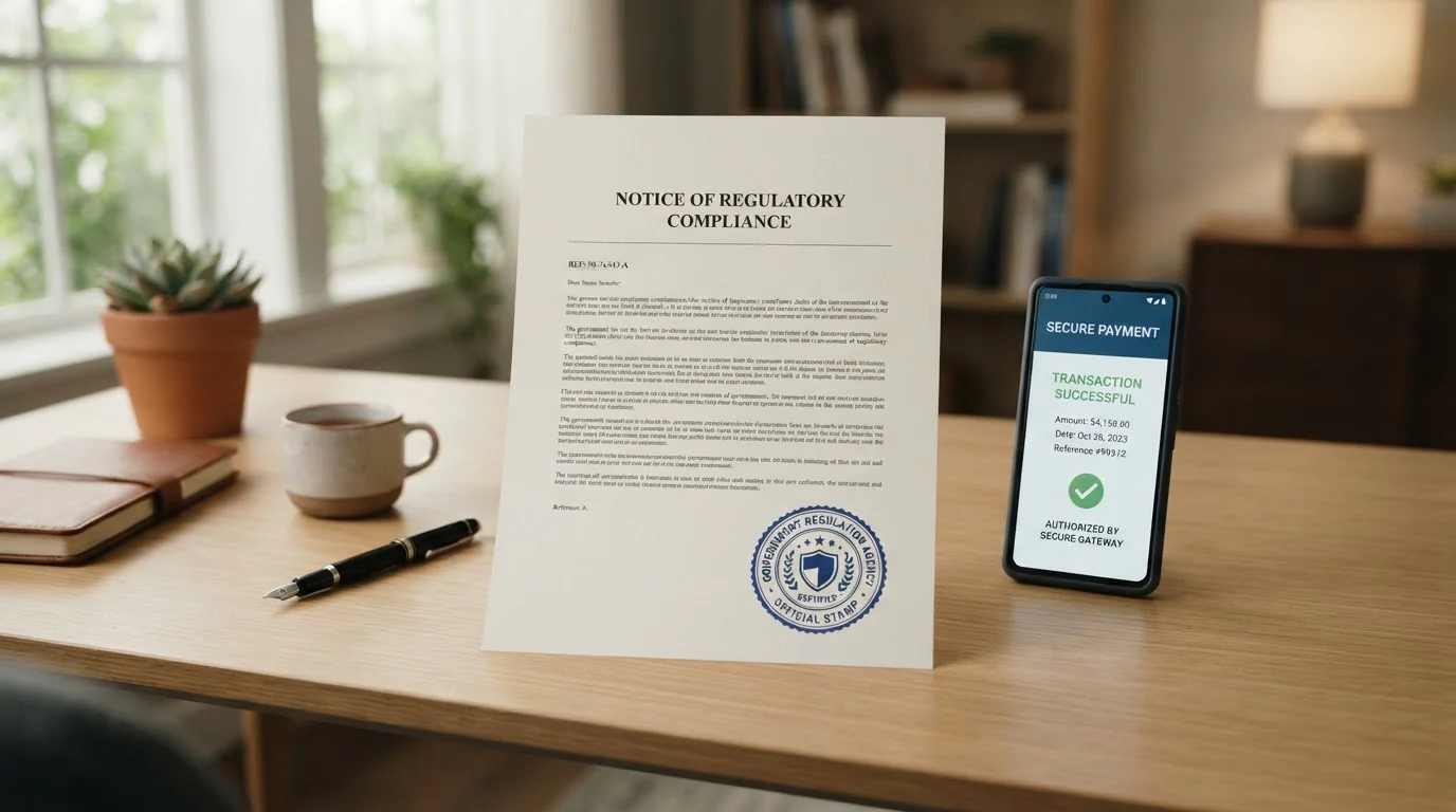 A desk setup with an official government document bearing a regulatory stamp beside a smartphone displaying a secure transaction