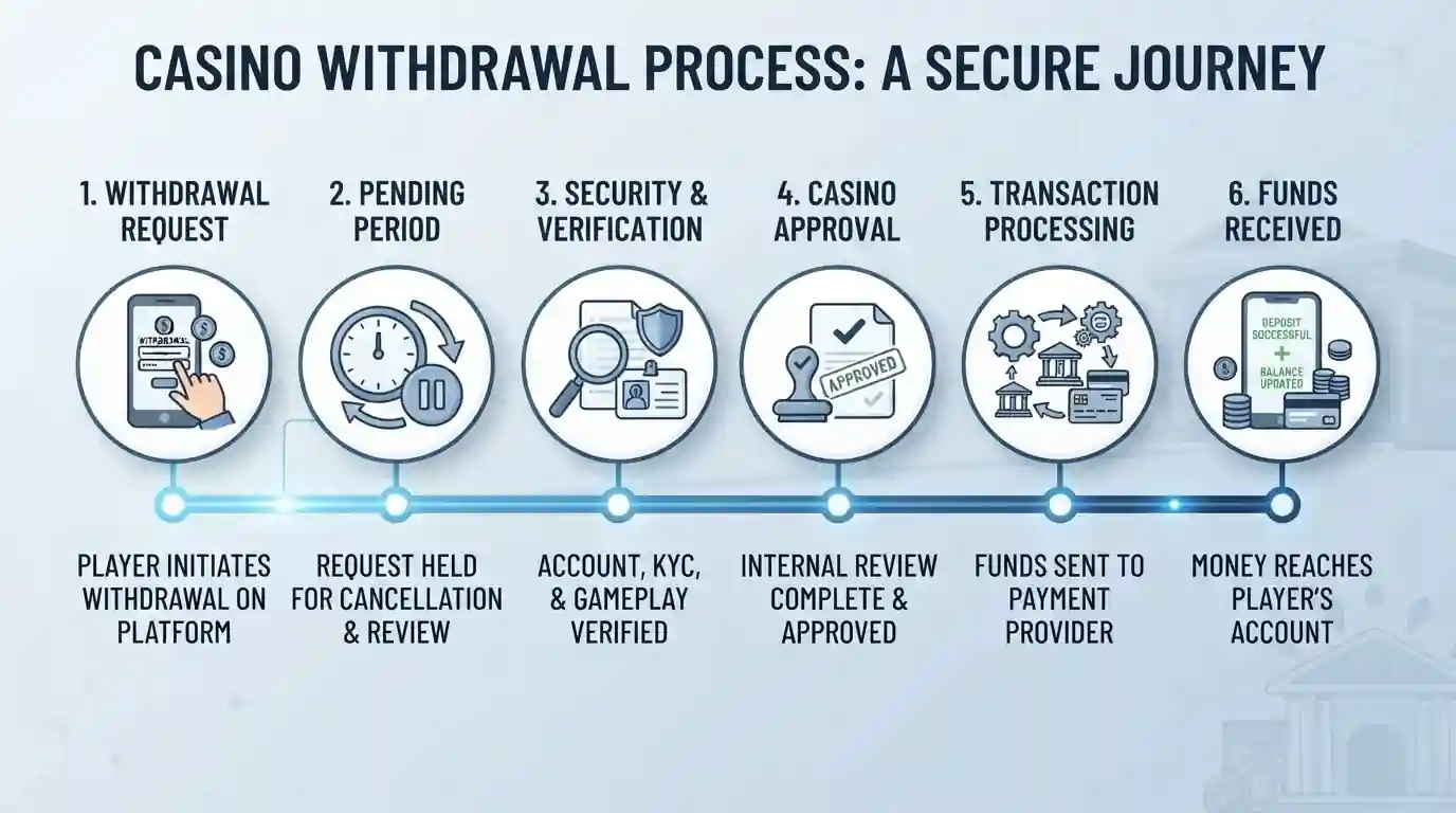 An annotated diagram showing the stages of a casino withdrawal from request through approval to funds received