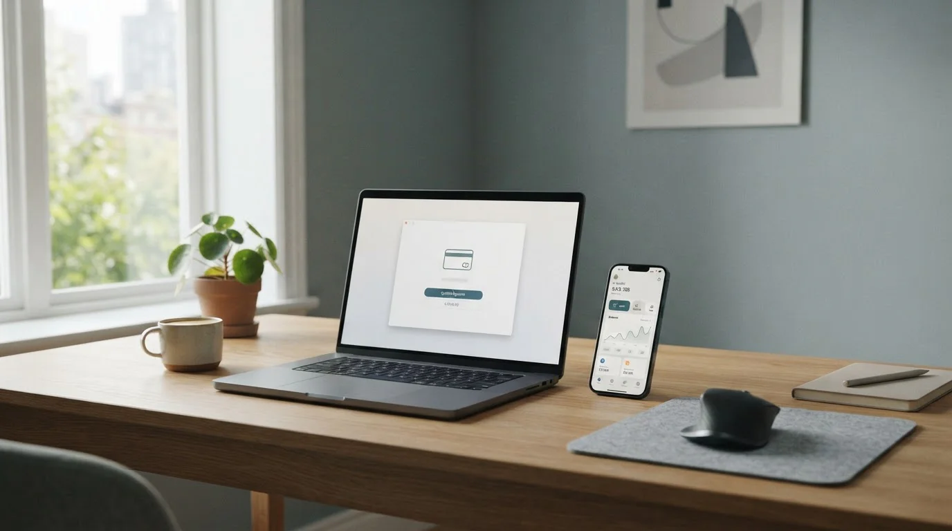 Modern workspace with laptop showing secure payment interface and MiFinity wallet on smartphone