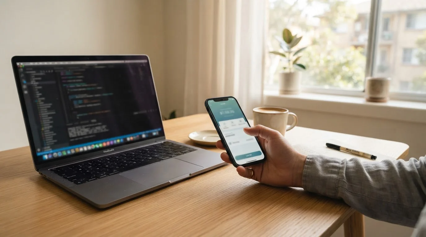 Smartphone showing a banking app transfer screen beside a laptop on a desk in an Australian home