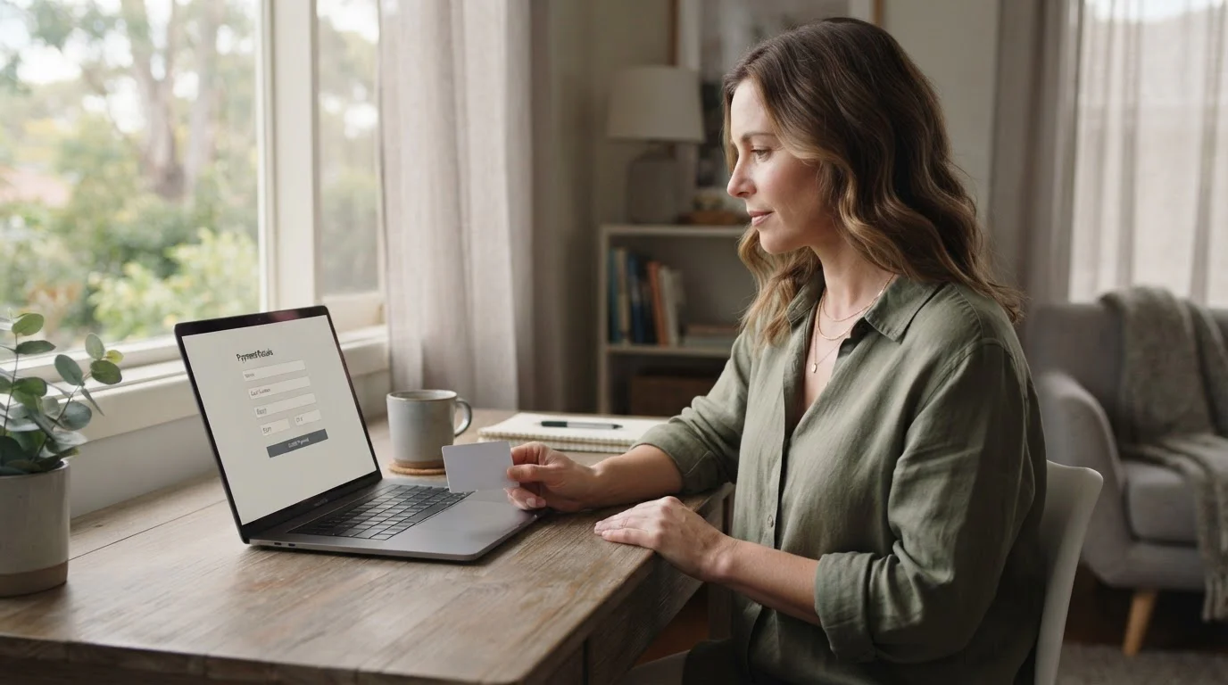 Australian player funding an online casino account with a card payment at a home desk