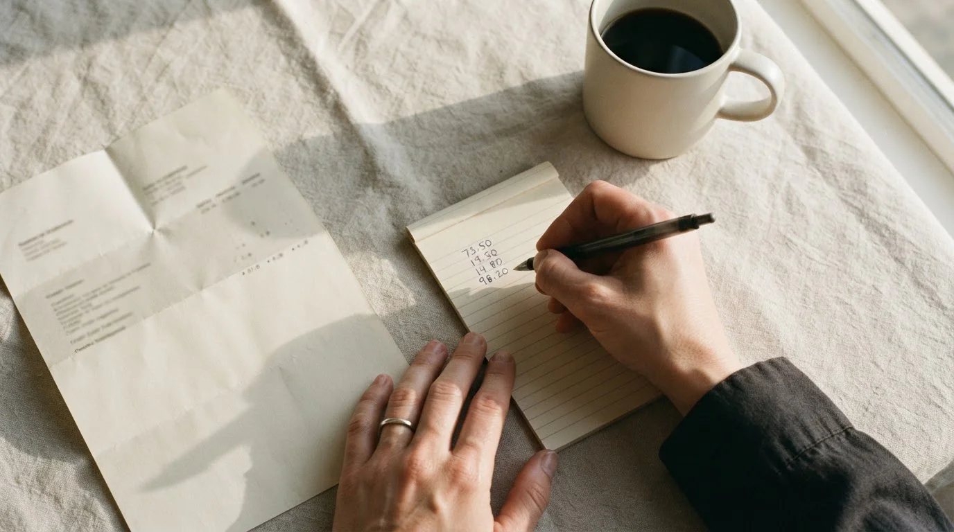 Hand writing figures on a notepad beside a printed card statement