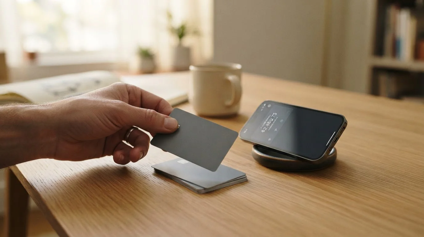 Hand choosing a debit card over a credit card beside a phone showing a wallet app