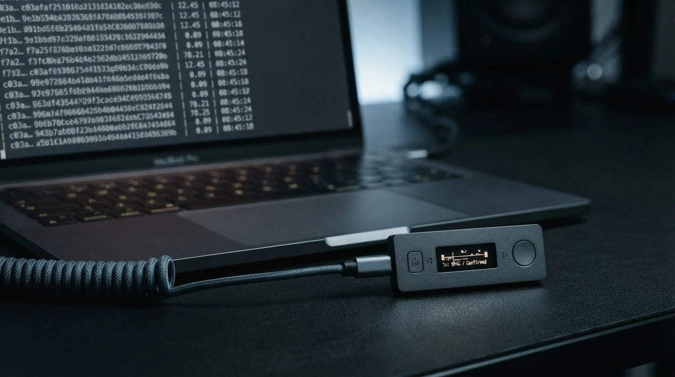 Hardware wallet and laptop showing an anonymous blockchain transaction feed