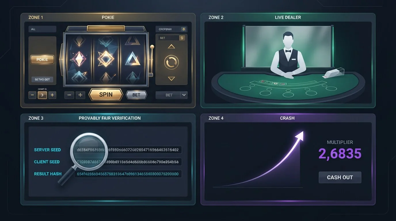 Four casino game formats displayed - pokies, live blackjack, provably fair verification and crash games