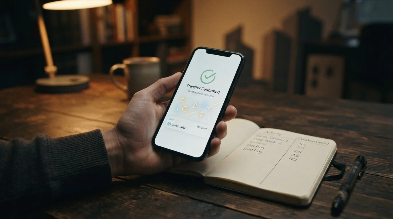 Smartphone showing a stablecoin wallet transfer beside a notebook of withdrawal timings