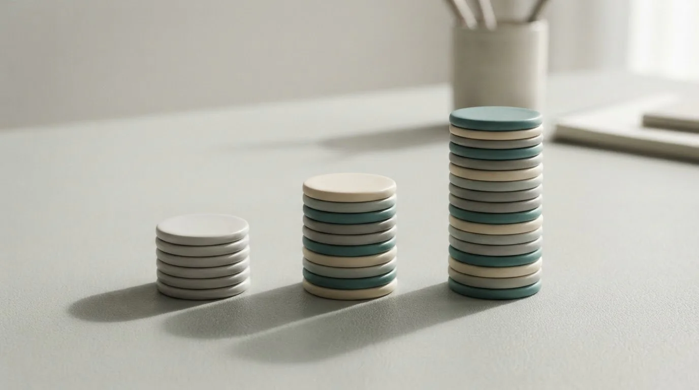 Three stacked tokens of increasing height on a plain desk surface
