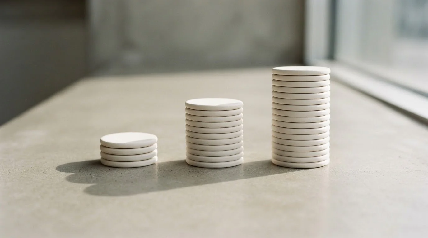 Three separate stacked tokens of increasing height on a plain surface