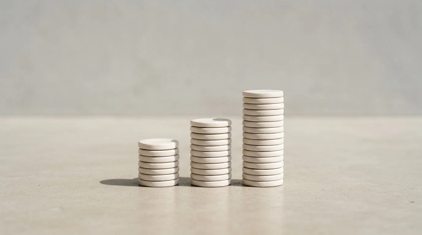 Three stacks of plain tokens of increasing height on a clean desk surface