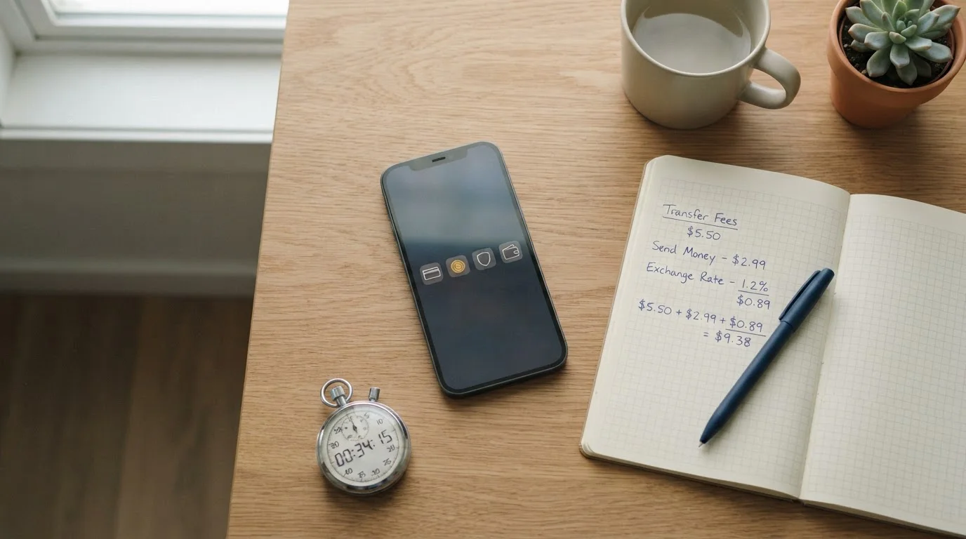 Row of generic digital wallet icons on a phone screen next to a notepad of fee jottings
