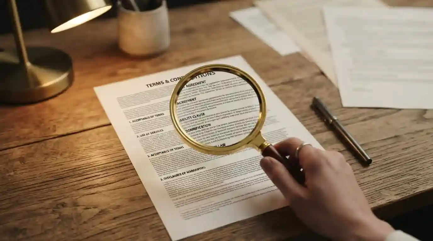 Magnifying glass held over a printed bonus terms document on a desk